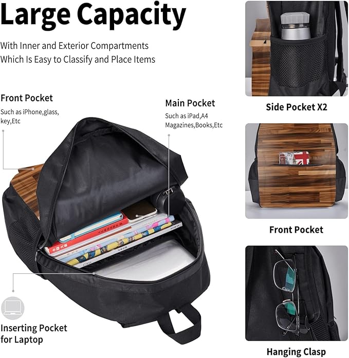 Wood Grain Backpack With Lunch Box 3 In 1 Set With Pencil Case Large Capacity Backpack With Chest Strap