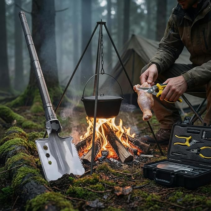 Folding Camping Shovel Axe KitMultifunctional Survival Shovel with Stainless Steel Pickaxe pliersCompassLocking scissorsMagnetic flashlight- For Camping Snow Hiking Survival Gear