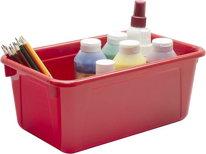 Storex Small Cubby Bins – Plastic Storage Containers for Classroom with Non-Snap Lid 12.2 x 7.8 x 5.1 inches Red 5-Pack (62407A05C)