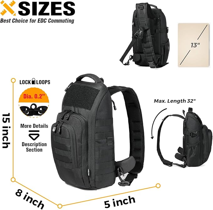 DBTAC Tactical Large Shoulder Chest Pack with Sling + Tactical Lunch Bag (Black)