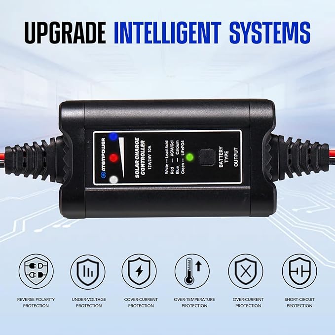 10A MPPT Solar Charge Controller ATEM POWER 12/24 Volt Intelligent Portable Solar Panel Controller for Solar Panels Solar Regulator with LED Indicate for Gel AGM Lead-Acid LiFePO4 Lithium Battery