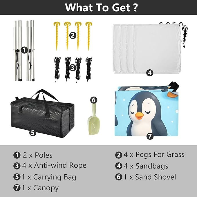 Penguin Beach Canopy Sun Shelter with Sandbags &amp Sand Shovel &amp Windproof Ropes - Portable 110x126 Beach Shade Beach Tent for Camping Picnics