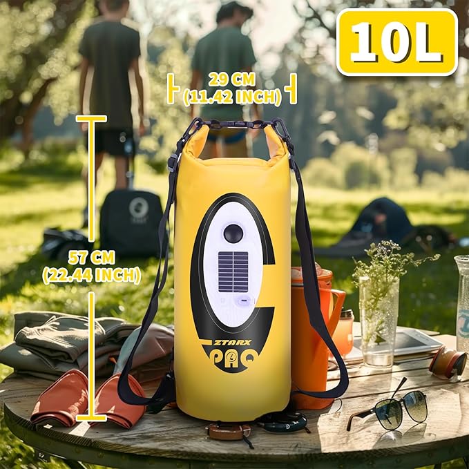 FELICON Solar/Battery Powered Multi-Functional Backpack with Bluetooth SpeakerIP66 Waterproof Dry BagHeavy Duty Roll Top ClosureLarge Capacity Bag for CampingHikingTraveling (Yellow 10L)