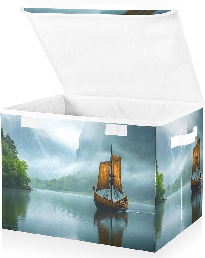 AIXIWAWA Lidded Storage Cube (Retro Boat) Fabric Foldable Closet Bins with Flip Lid and Handles Organizer Basket Container 16.5 x 12.6 x 11.8 IN