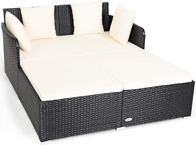 Tangkula Outdoor Rattan Daybed Wicker Furniture with Spacious Seat Upholstered Cushion &amp High-Resilience Sponge Patio Sofa Set with 4 Pillows 2-Person Sunbed for Poolside Backyard Garden &amp