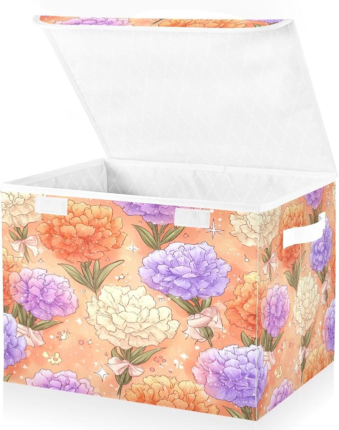 Storage Bins With Lid Stackable Fabric Closet Organizer Clothing Storage Large Boxes For Closet Shelves Bedroom Orange Carnations Bows Leaves