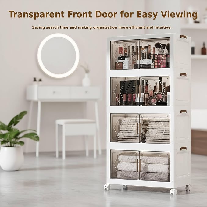 4-Tier Stackable Storage Bins with Lids 94QT Plastic Large Collapsible Storage Containers with Wheels and Magnetic Doors Foldable Closet Organizers for Living Room Garage Home Office Clear