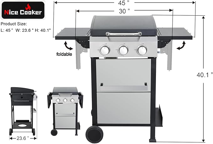 3-Burner Flat Top Propane Gas Grill Stainless Steel Griddle Combo with Foldable Side Table 36900 BTU Outdoor BBQ Grill Porcelain-Enameled Cast Iron Grids for Backyard Patio Cooking