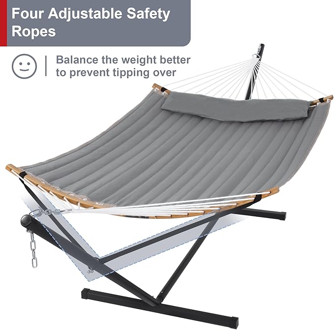Outdoor Hammock with Stand Included Heavy Duty Hammock with Curved Spreader Bar Pillow and Portable Bag 450 Lbs Capacity Grey
