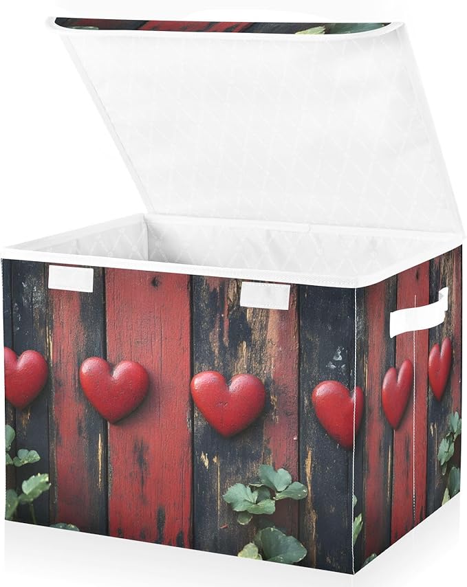 AIXIWAWA Lidded Storage Cube (Hearts Wood) Fabric Foldable Closet Bins with Flip Lid and Handles Organizer Basket Container 16.5 x 12.6 x 11.8 IN