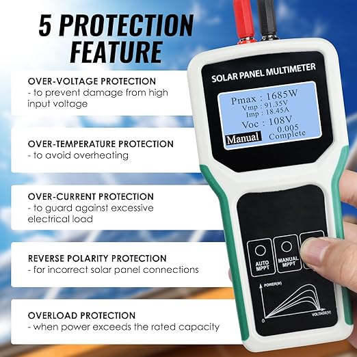 1800W Solar Panel Tester MPPT Multimeter LCD Watt Meter Portable PV Panel Troubleshooting Tool w/Multiple Safety Protections for Testing Solar PV Panel Open Circuit Voltage &amp Troubleshooting