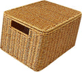 Garneck Faux Rattan Storage Box with Lid Small Sundries Organizer for Bedroom Wardrobe Living Rustic Style Household Storage Bin for Clothes and Books Practical Tiny House Furniture
