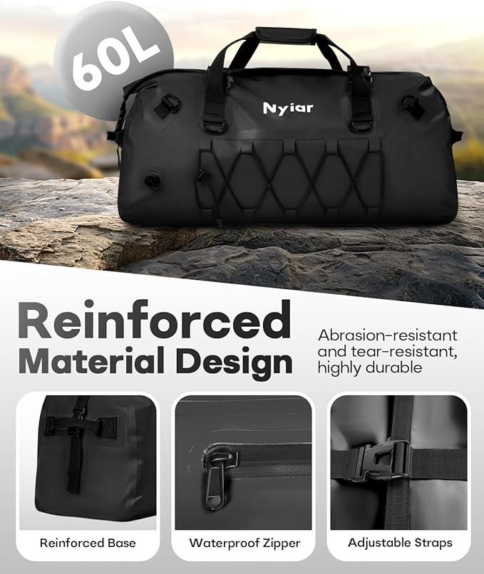 60L Waterproof Duffel Bag Motorcycle Dry Bag Backpack Heavy-Duty Roll-Top Waterproof Bag with Sealed Seams &amp Waterproof Zipper for Riding Kayaking Camping &amp Travel (Black)