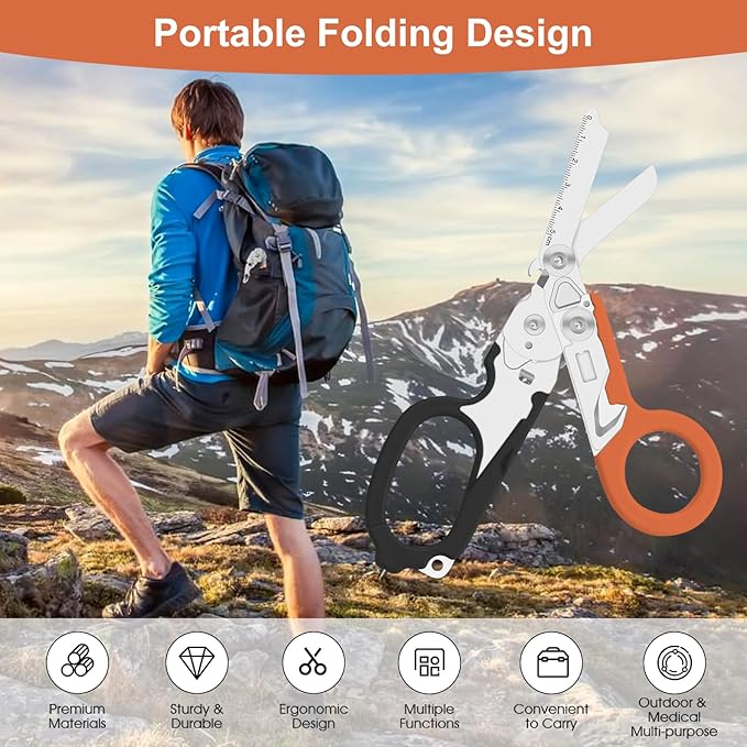 Lemasa6 in 1 6 in 1 trauma shears Folding Retractable Emergency Shears Outdoor Camping Tools Seat Belt Cutter Oxygen Cylinder Wrench Complimentary Adjustable Wrench (Black Orange)