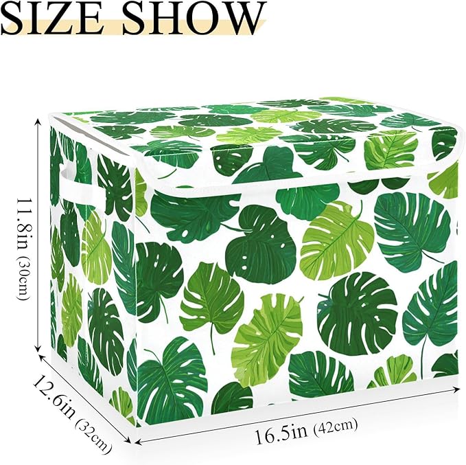 Dark Green Tropical Leaf Collapsible Storage Bins with Lids Decorative Fabric Cubes Closet Organizer Basket Boxes Containers for Clothes Box Chest Folding Rectangle