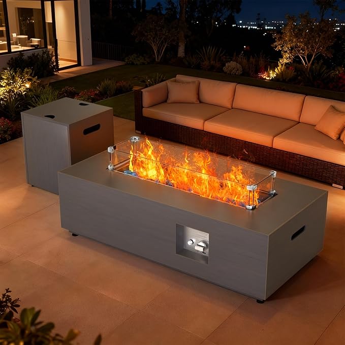 2-Piece 42 Rectangular Propane Fire Pit for Outside Patio with Hidden Tank Table 50000 BTU Fireplaces with Glass Wind Guard Lid Glass Rocks Cover(Sand Beige)