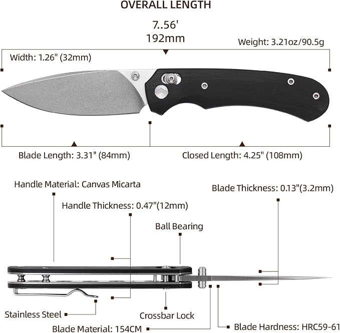 Folding Pocket Knife 3.31'' 154CM Blade EDC Knife Erogonomic Canvas Micarta Handle Pocket Knives for Men Hunting Hiking Survival Knives (Black)