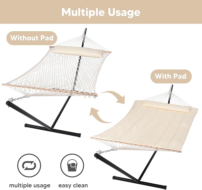 SUNCREAT Two Person Hammock with 12ft Stand Included Max 475lbs Capacity Heavy Duty Free Standing Hammock Beige