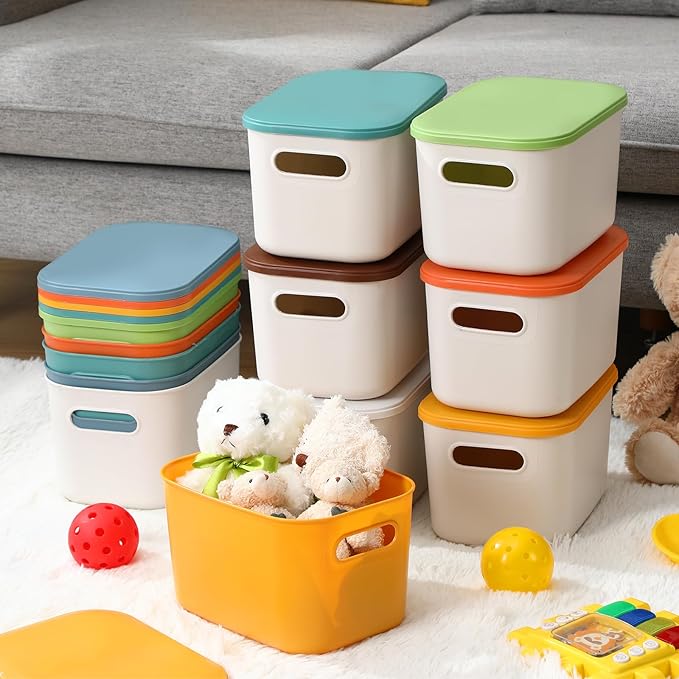 Thyle 12 Pack 7 Quarts Plastic Storage Bins Stackable Baskets with Lid and Handle with Label Colorful Desktop Box Toy Containers for Classroom Shelf Bedroom 10 x 7 x 6 Inch (Stylish Color)