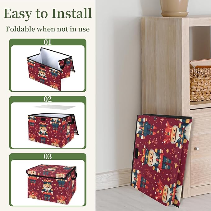 Nutcrackers Storage Basket with Lid Christmas Foldable Storage Box Fabric Storage Bins with Carrying Handles for Home Bedroom Closet Organization