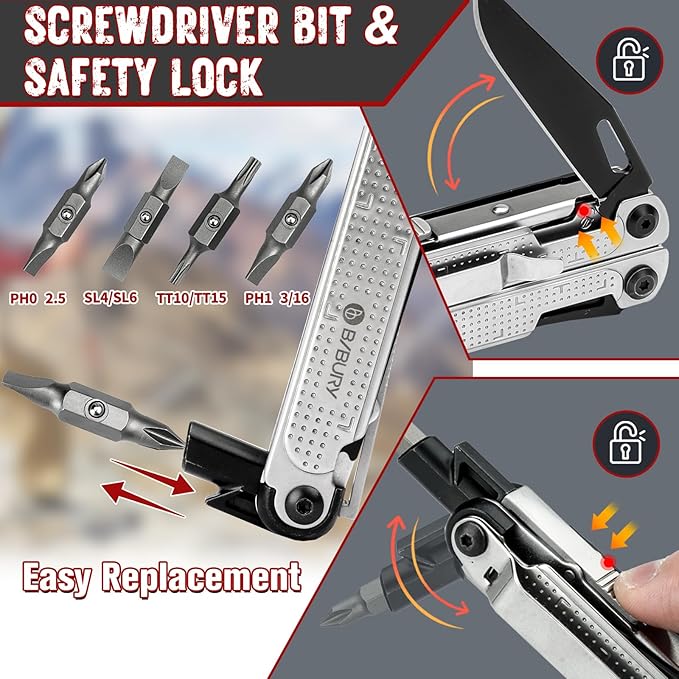 BIBURY Multitool Pliers BI2048B Stainless Steel Multi Tool with Upgraded Rope Cutter and Screwdrive Foldable Self-locking Multitools with Nylon Pouch Ideal for Camping Hiking Survival Repair