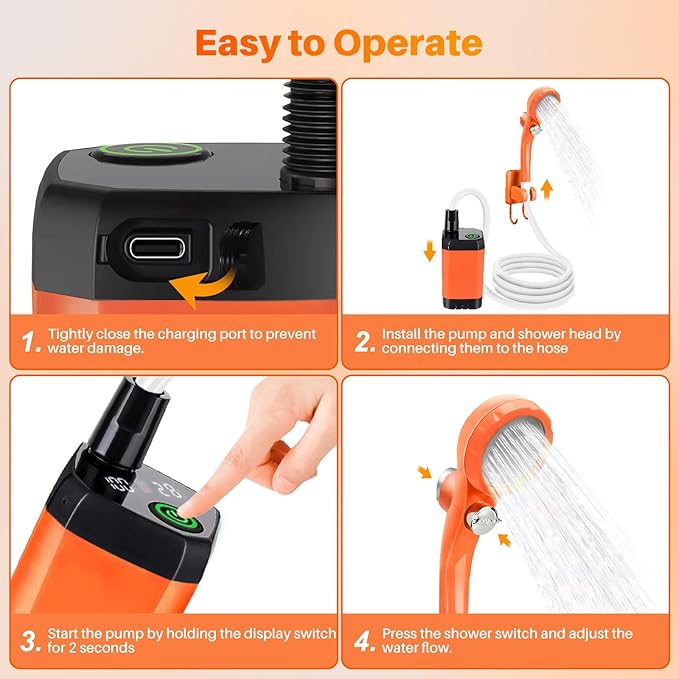 Portable Camping Shower with Heater 6000mAh Rechargeable Portable Shower with 2000W Immersion Heater LED Display Heated Camping Shower for Travel Hiking Car Pet
