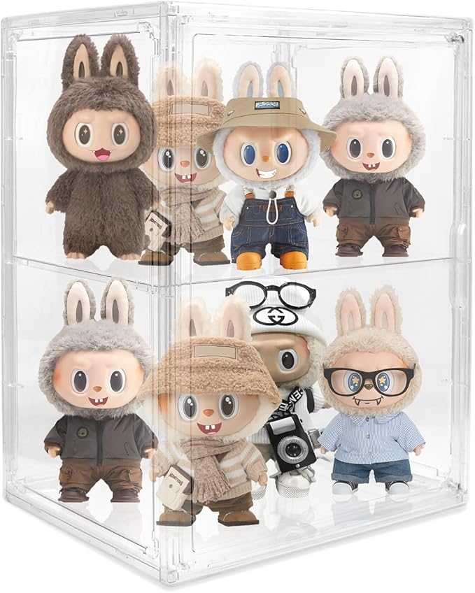 Acrylic Display Case - 2 Layers Transparent Doll Display Box Oversized with Magnetic Lid and Removable Partitions for Storing Dolls Models and Cosmetics