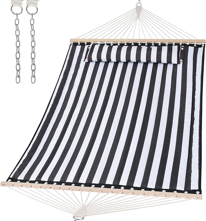 SUNCREAT Double Quilted Hammock with Hardwood Spreader Bar Extra Large Soft Pillow Heavy Duty 2 Person Hammock for Indoor Outdoor Black Stripes