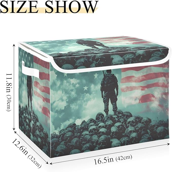 AIXIWAWA Lidded Storage Cube (Skulls Soldier American) Fabric Foldable Closet Bins with Flip Lid and Handles Organizer Basket Container 16.5 x 12.6 x 11.8 IN