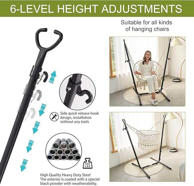 Hammock with Stand Phone Holder Included Double Hanging Chair Macrame Boho Handmade Adjustable Swing Indoor Outdoor Patio Yard Garden Porch 400lbs Capacity (2022 Grey)
