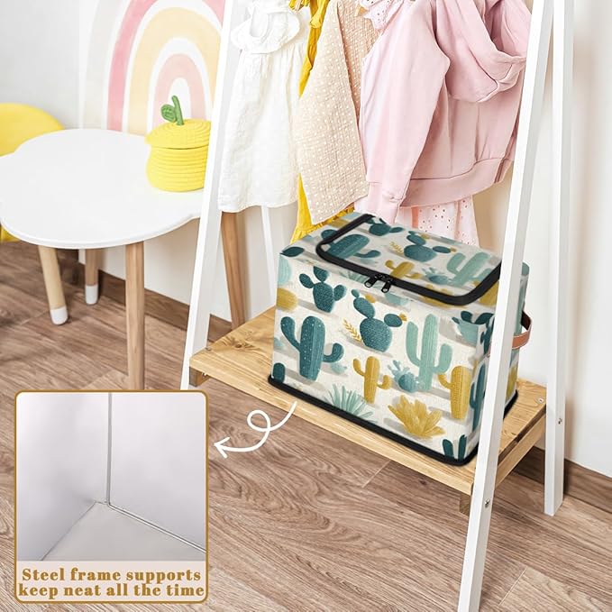 Cactus Storage Bins with Lids Desert Collapsible Cube Storage Basket with Leather Handle Foldable Storage Box with Lids for Organizing Home Closet