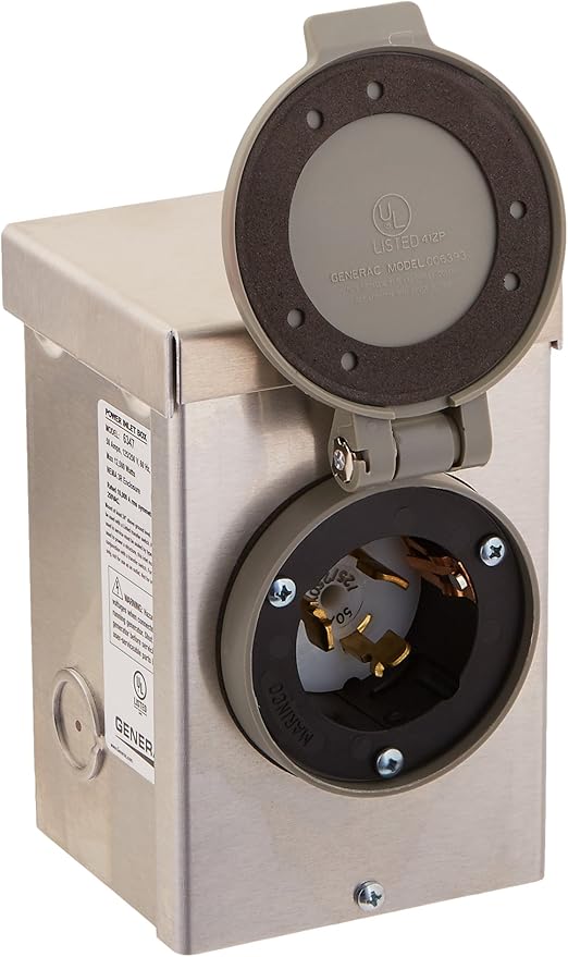Generac 6347 50-Amp 125/250V Aluminum Power Inlet Box - Weather-Resistant Outdoor Generator Connection Silver