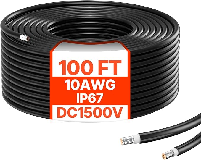 VEVOR 100FT Solar Panel Wire 10AWG Tinned Copper PV Cable 6mm² IP67 Waterproof XLPE Insulation Outdoor Extension Cord for RV Boat Home Solar Black