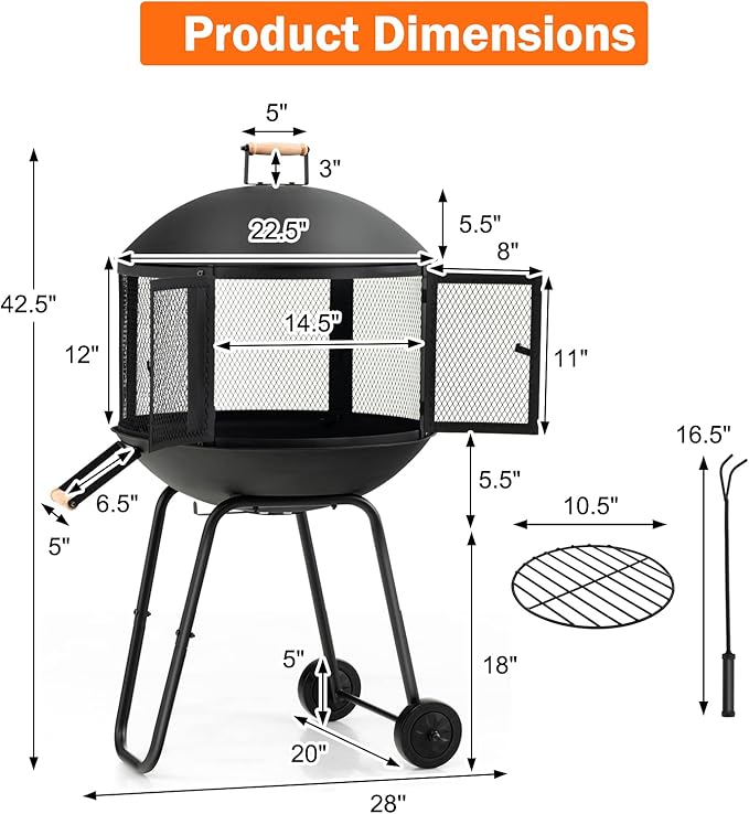 Giantex 28 Portable Fire Pit on Wheels Outdoor Mobile Wood Burning Firepit w/Log Grate Fire Poker Heavy-Duty Steel Frame &amp Solid Metal Top 2-Door Gate Rolling Fire Pits for Entertaining Camp