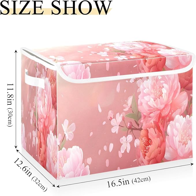MNSRUU Containers Baskets with Lids Pink Flowers Foldable Storage Bins Organizer with Lid Collapsible Storage Boxes for Home Bedroom Closet Office