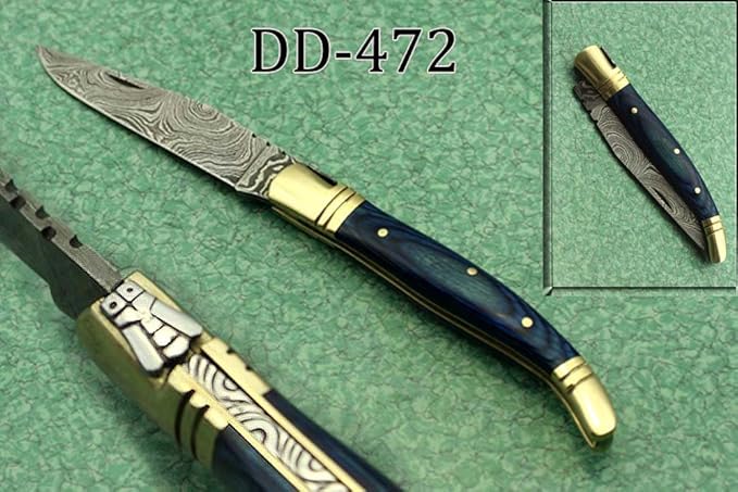 Damascus Depot Laguiole style Folding knife with real Damascus steel blade 8.5 Long with 4 hand forged twist patren Blade. wood Camel Bone and Bull horn scale with brass bolster. Cow hide leather