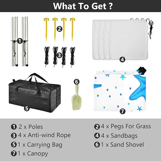 xigua Starfish Beach Tent Sun Shelter with Carrying Bag - Silver Coated Oxford Fabric Beach Canopy for Beach Camping Fishing - Includes Windproof Ropes Sandbags &amp Stakes