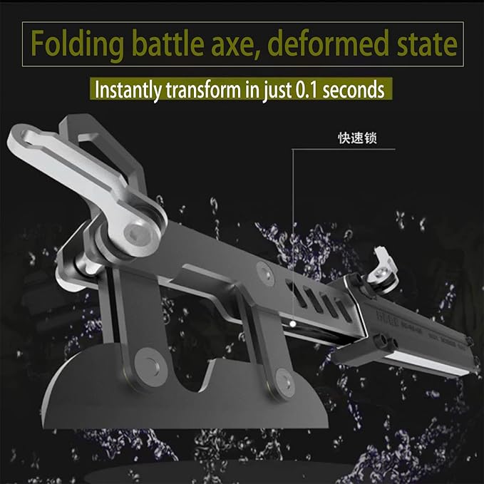 MDJXE Morphing Tactical Axe - 1S Quick Deployment Folding Survival Hatchet with 1065 High Manganese Steel Mechanical Gear Structure Extendable Handle Heavy Duty Camping &amp Emergency Tool (B)