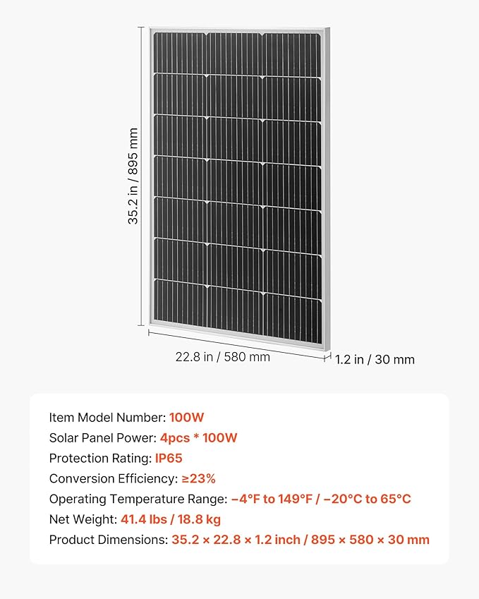 VEVOR 4PCS 100W Monocrystalline Solar Panels 23% High-Efficiency Mono PV Module with Stable MC4 Output &amp Aluminum Frame IP65 Waterproof Solar Panel for Car Boat RV Flat Rooftop Off-Grid Applicat