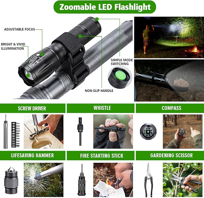 ZENHOSIT Multifunctional Folding Tactical Shovel Hatchet Combo - With Axe Flashlight Extension Handles - For Camping Cycling Hiking - 19.3-40.9 Inches