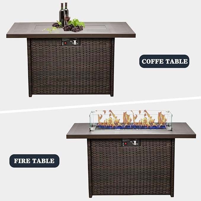 44 Inch Propane Gas Fire Pits Table for Outside Patio 60000 BTU Rectangular Outdoor Wicker Rattan Fire Pit with Glass Wind Guard