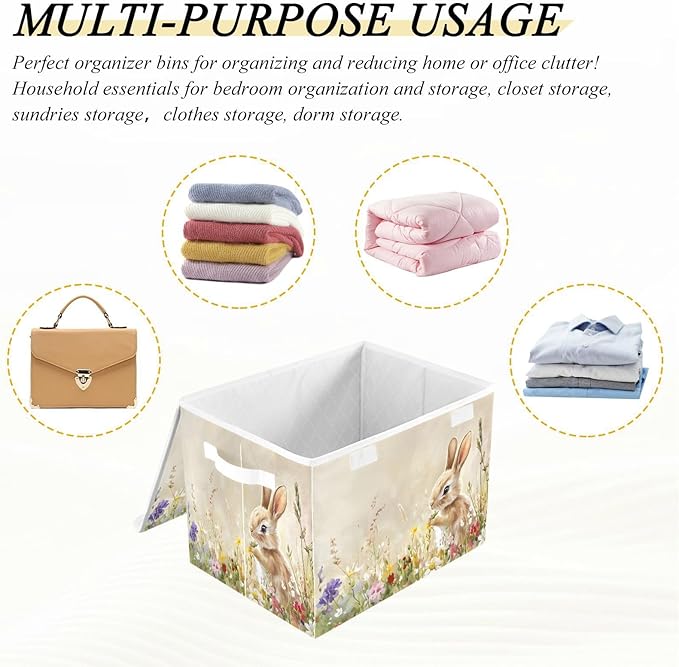 senya Easter Baskets Collapsible Storage Bins with Lids Flowers Rabbit Oil Painting Storage Boxes Clothes Baskets for Organizing