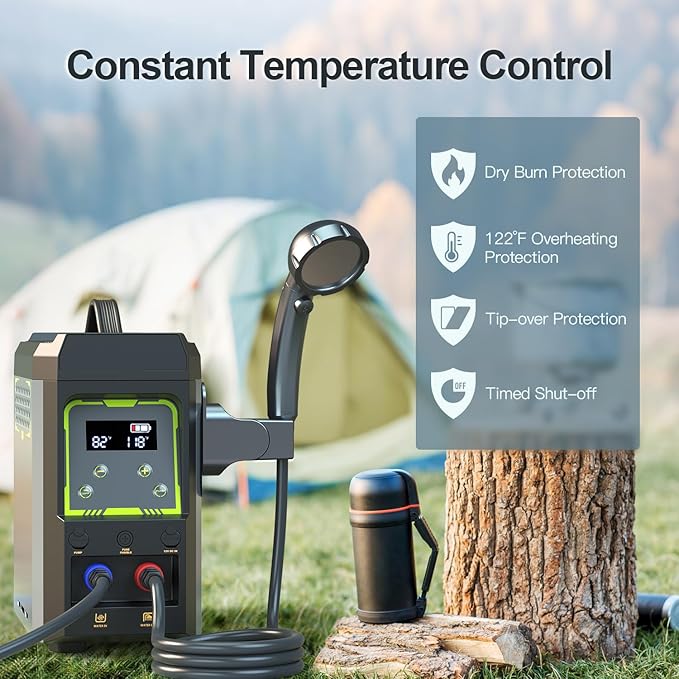 Jocoevol Portable Water Heater Propane Water Heater with Shower Pump Max 100 Mins 3s Instant Hot 20000 BTU 4000mAh Rechargeable Built-in Battery for Outdoor Cleaning Camping Hunting Hiking
