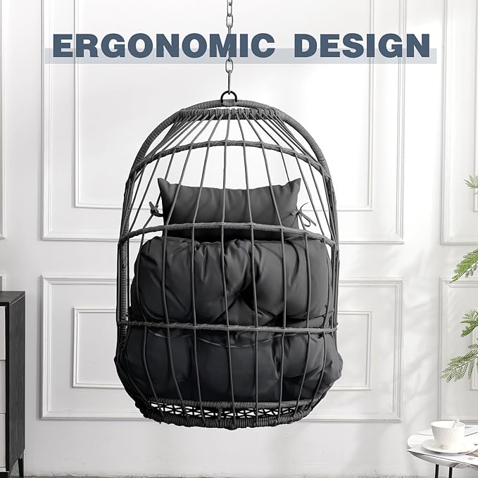 Outdoor Garden Rattan Egg Swing Chair Hanging Chair PE Hanging Chair GrayGray+Gray