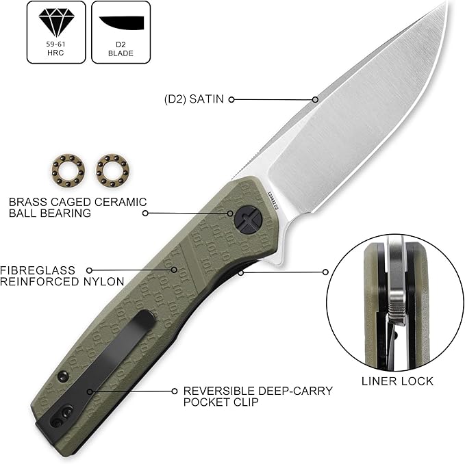 IOI Scout I20432 Folding Pocket KnifeA – 3.62 Edge D2 Steel Satin Blade with 3.62 Edge FRN Handle Lightweight EDC Knife with Liner Lock and Custom Left-Side Clip Excellent for Camping Work Outd