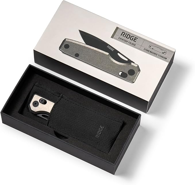 Ridge Everyday Folder Knife - Premium EDC Pocket Knife Sandvik 14C28N Steel Drop Point Blade with Black DLC Finish Ceramic Bearings Deep Carry Clip &amp Multipurpose Design (Stonewashed Titanium)