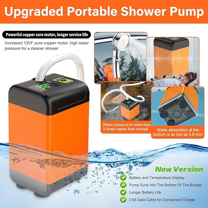 Camp Shower Pump 7800mAh Rechargeable Camping Shower Kit with Intelligent LED Display Camping Portable Shower for Outdoor Camping Travel Pet Bathing
