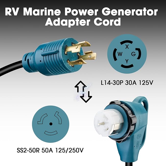 Generator Extension Cord 30A 4 Prong Locking Generator L14-30P Male to 50A Marine Shore Power SS2-50R Female with Locking Ring 125V/250VETL Listed (3FT)