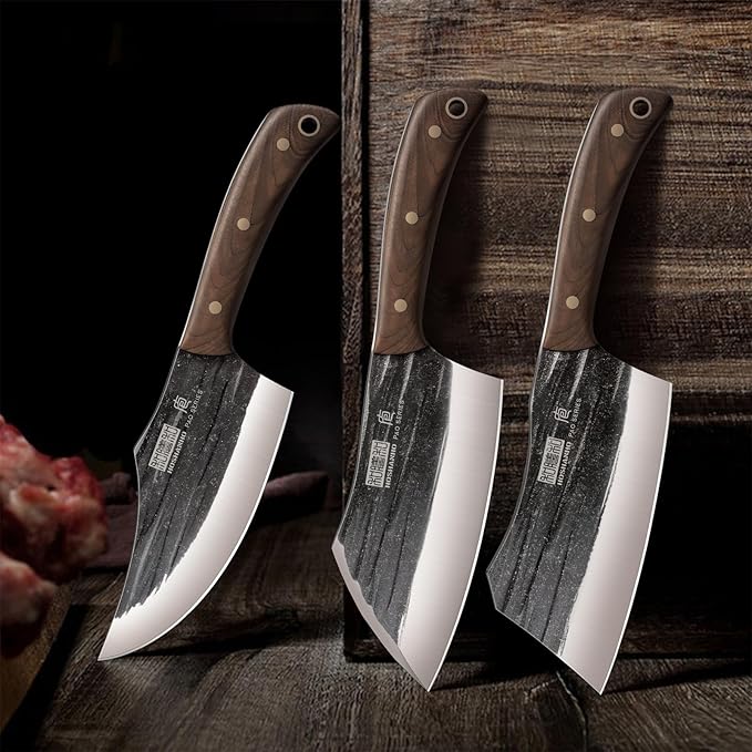 HOSHANHO Butcher Knife Set 3-Piece High Carbon Steel Serbian Chef Knife Set of Heavy Duty Boning Knife &amp Meat Cleaver Knives &amp Viking Knives for Home Cooking Outdoor Camping BBQ