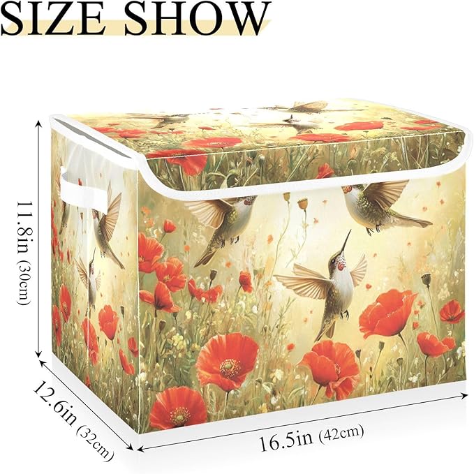 Collapsible Storage Bins with Lids Decorative Fabric Storage Cubes Closet Organizer and Storage Basket Boxes Containers for Clothes Box Chest Nursery Folding Rectangle Yellow Hummingbirds and